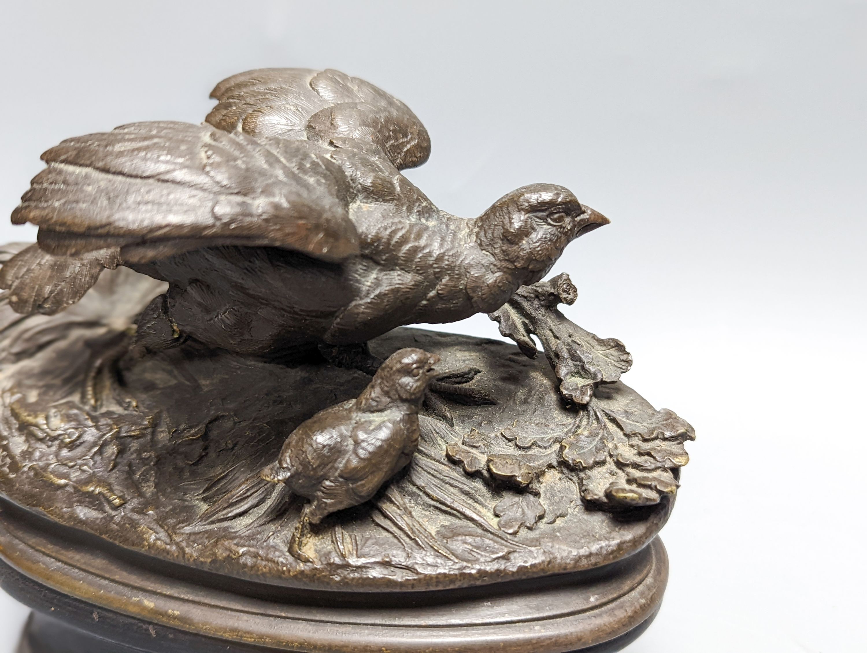 After Moigniez, a pair of early 20th century bronze bird groups of pheasants and partridges 18cm
